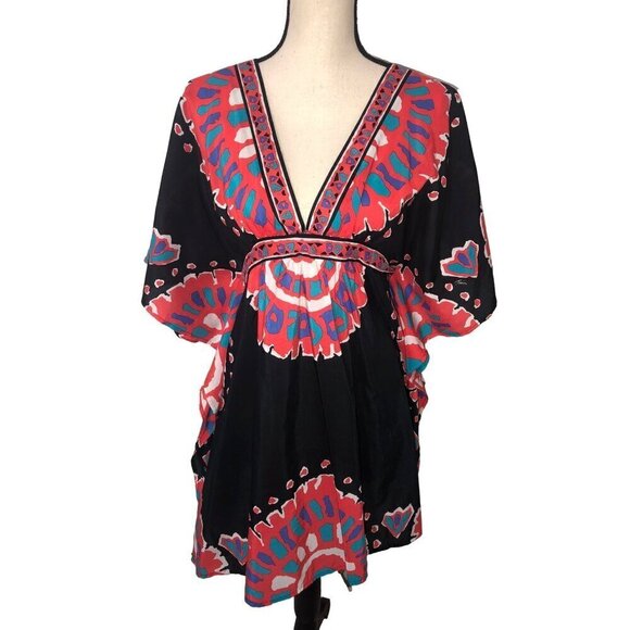 Trina Turk Yucateca Tunic Swim Cover Dress Size S Black Red Multi Short Caftan - Picture 2 of 12